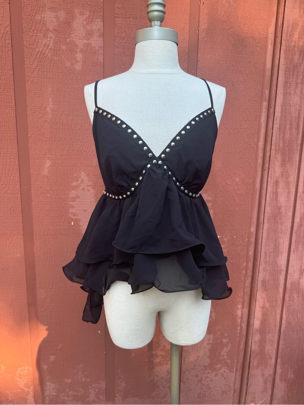 NWT Cider Studded Trim Layered Ruffle Babydoll Cami Top Black 1XL